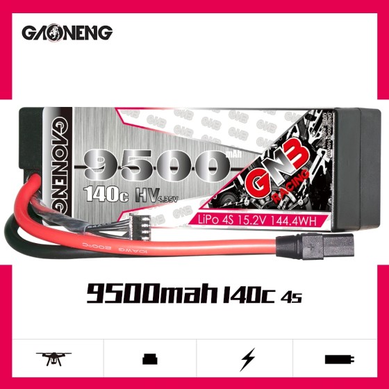 Hot Sales GNB GAONENG 9500MAH 4S 4S2P 15.2V 140C HV RC LiPo Battery Cabled Hard case XT90 for 1:8 1/8 Racing Car